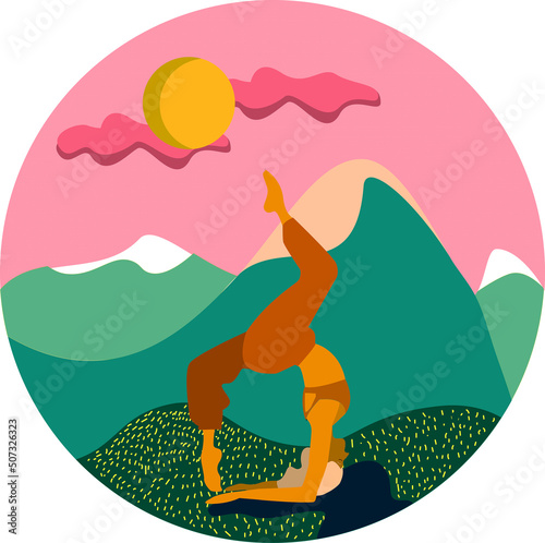 illustration of yoga in the mountains at sunset
