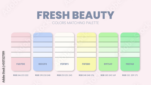 This year, fresh and Beauty color palettes or color schemes are trend combinations and palette guide, table color shades in RGB or HEX. A color swatch for a tropical summer fashion, home, or interior 