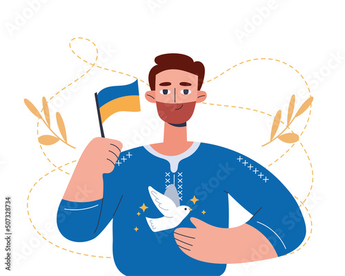 Flag of Ukraine in hands of happy man Ukrainian. He smiles wearing Ukrainian flag blue and yellow flag. A dove of peace. The concept of peace in Ukraine. Vector illustration. Independence Day. 
