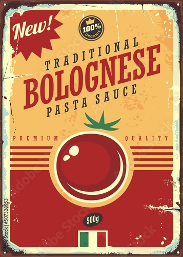 Grocery advertisement for bolognese tomato sauce. Vintage food sign. Vector image.