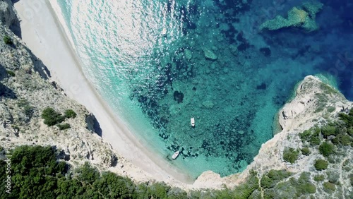 Paradise beach, chomi, Corfu in Greece. Drone shot of a turquoise coloured sea. High quality 4k footage. photo