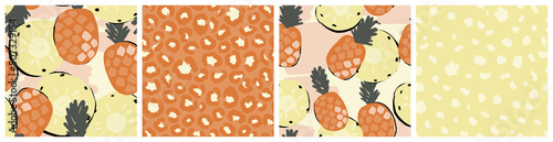 Pineapple botanical seamless pattern set. Abstract tropical modern nature and food graphic design with hand drawn simple motifs for kitchen textile or product packaging.