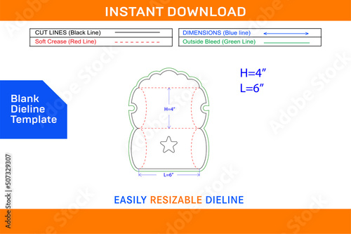 Pillow box, candy favor gift box with star window template Blank dieline template