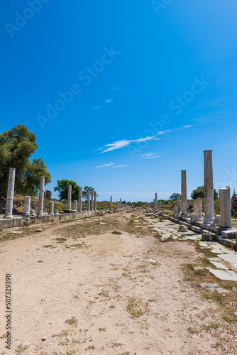 Side Ancient Ruins touristic site in the popular resort town of Side  near Antalya  Turkey. Ancient Greek and Roman style ruin. 