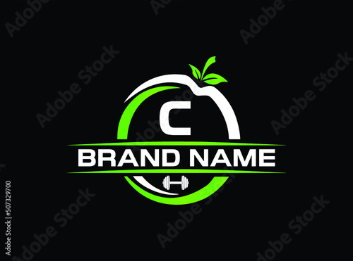 Sports nutrition logo template with letter C. green apple with dumbbell vector design. Fitness nutrition logo