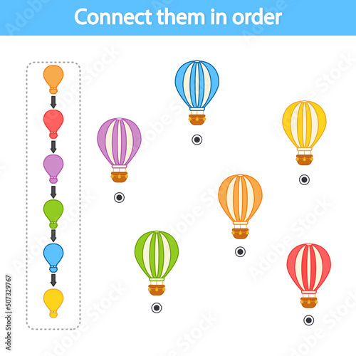 Educational game for preschool children. Connect by dots by color, according to the sample. Parachute. The development of logic and attention. Vector illustration. Printable sheet