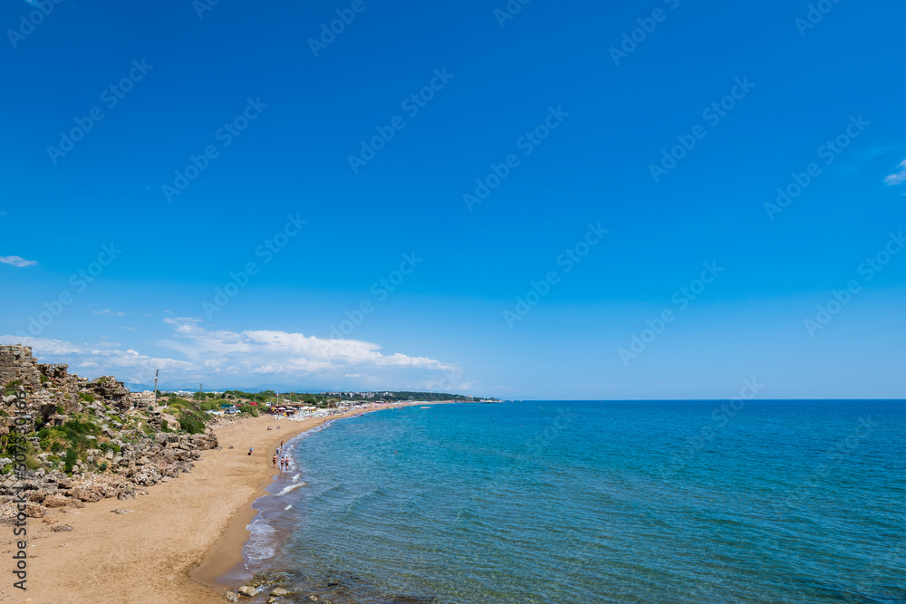 Side beach landscape view. Side is a popular tourist resort town near Antalya, Turkey by the Mediterranean sea. 