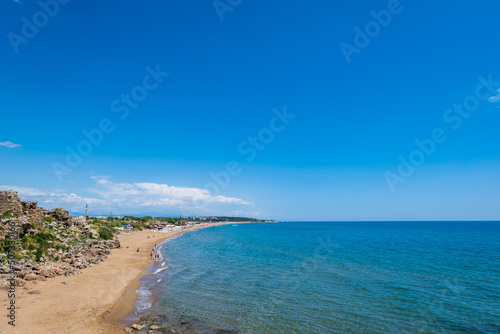 Fototapeta Naklejka Na Ścianę i Meble -  Side beach landscape view. Side is a popular tourist resort town near Antalya, Turkey by the Mediterranean sea. 