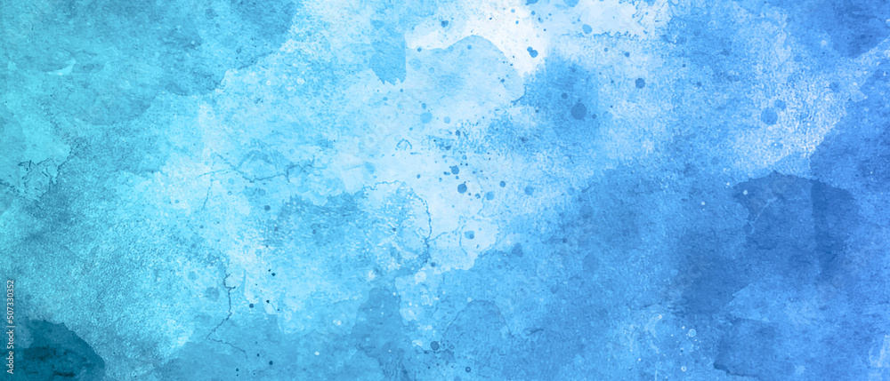 Blue background with grunge texture, watercolor painted mottled blue background, colorful bright ink and watercolor textures on white paper background.