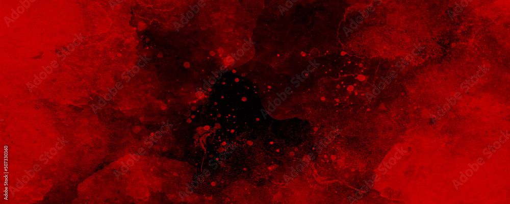 Red watercolor ombre leaks and splashes texture on red watercolor paper background, watercolor dark red black nebula universe. watercolor hand drawn illustration. red watercolor ombre leaks. - obrazy, fototapety, plakaty 