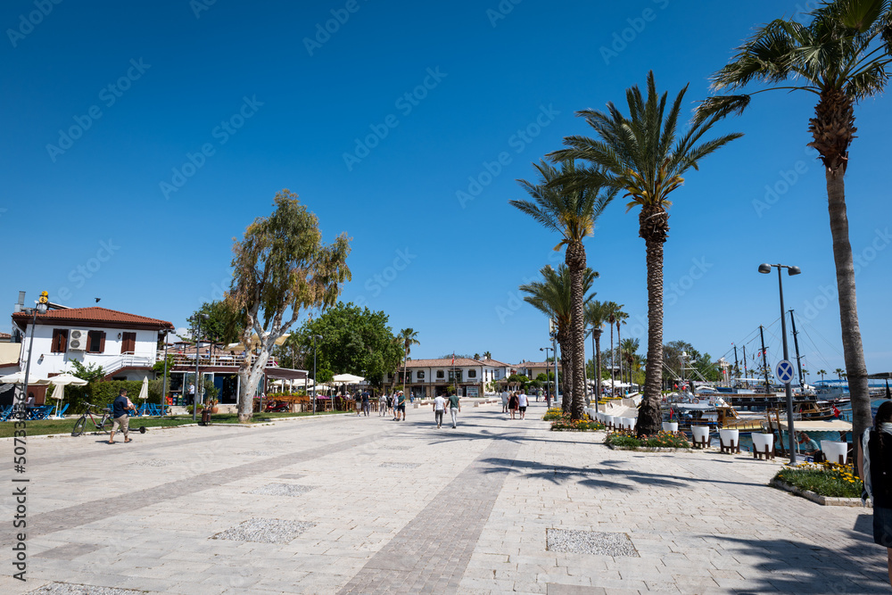 Side cityscape, view of the central area of downtown Side, a popular resort town near Antalya, Turkey.