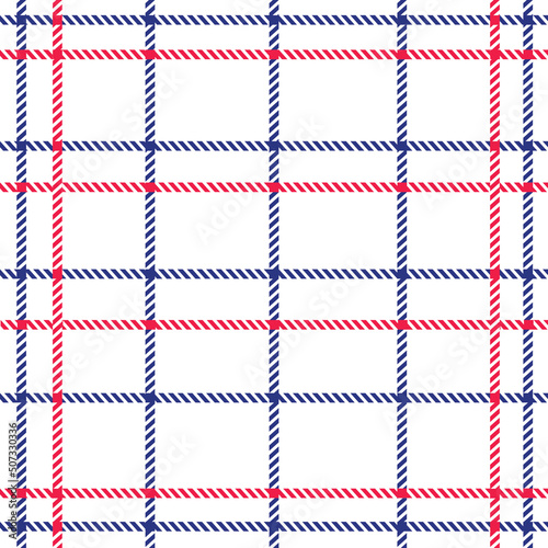 Seamless rectangular grid pattern using blue red grid lines and white background. For decoration wallpaper wrapping paper books toys fabrics and tablecloths. With copy space.