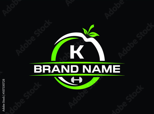 Sports nutrition logo template with letter K. green apple with dumbbell vector design. Fitness nutrition logo