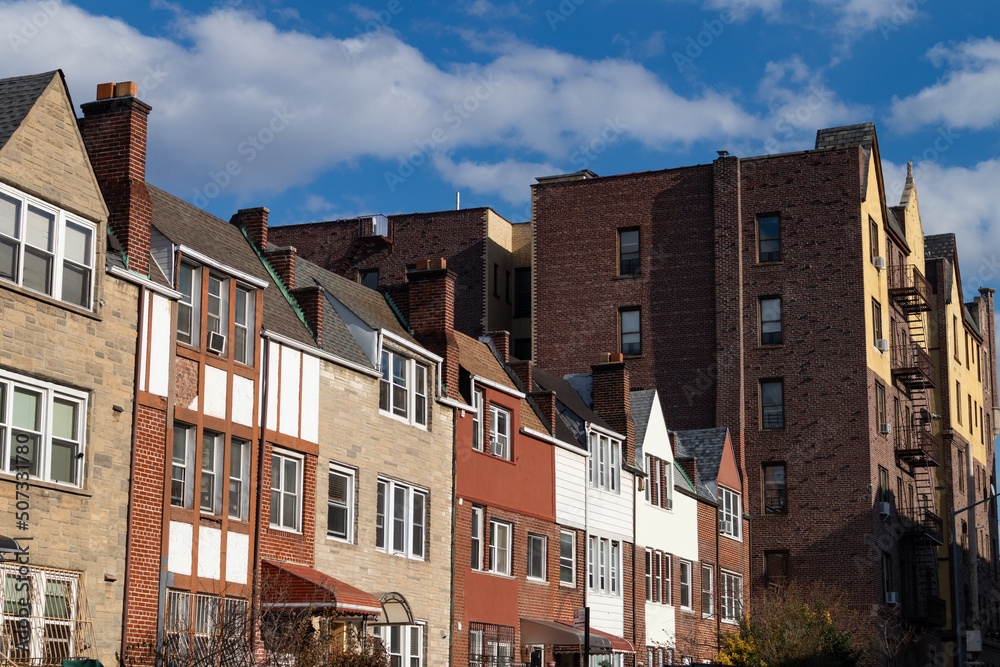 Row of Colorful Old Brick Homes and Residential Buildings in Astoria Queens New York