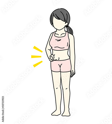 浮き輪肉を気にしてつまんでいる女性のイラスト　隠れ肥満・ポッコリお腹