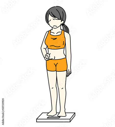 体脂肪を気にしている体重計に乗っている女性のイラスト