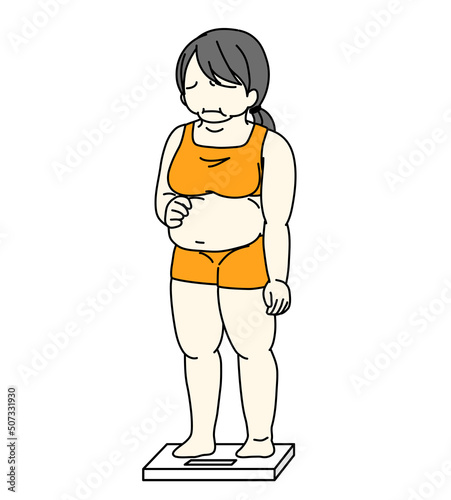 体重計に乗ってポッコリお腹を気にしている女性のイラスト