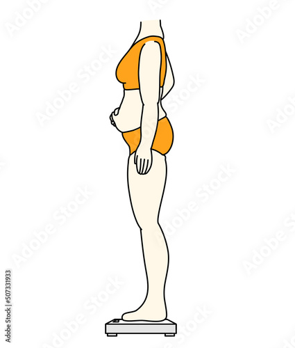 体重計に乗ってポッコリお腹を気にしている女性のイラスト