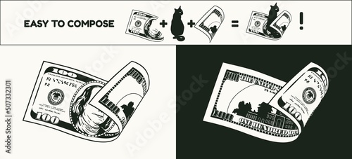 Folded american 100 dollar banknote with front and reverse side. Falling, flying banknote. Cash money. Divided into two parts to design easy. Detailed black and white vector illustration
