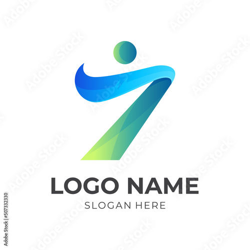 people seven logo design with 3d blue and green color style
