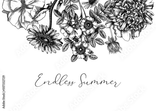 Summer flowers border in vintage style. Hand-sketched garden plants frame design. For greeting cards, wedding invites, and floral banners. Hand-drawn botanical illustration with floral sketches.