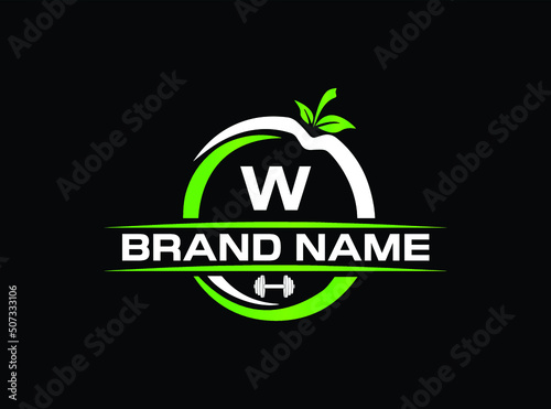 Sports nutrition logo template with letter W. green apple with dumbbell vector design. Fitness nutrition logo