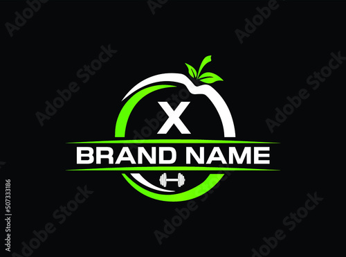 Sports nutrition logo template with letter X. green apple with dumbbell vector design. Fitness nutrition logo