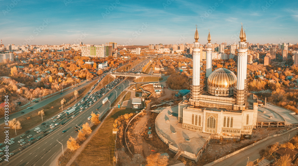Aerial view of islamic mosque near a busy highway in Ufa. Sights and popular cities of Russia.