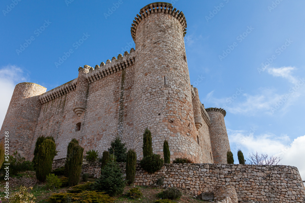 low angle of the great Templar stone castle of the spanish city of Torija