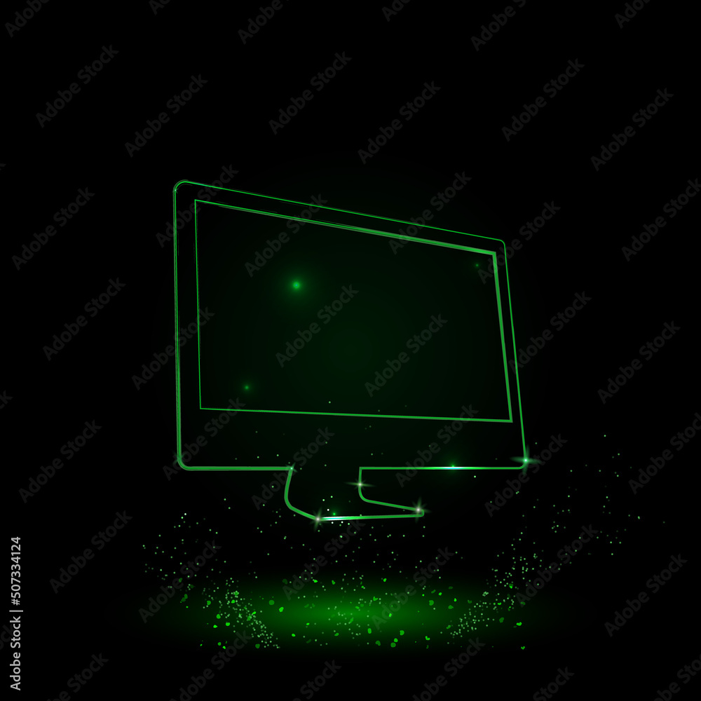 A large green outline monoblock symbol on the center. Green Neon style. Neon color with shiny stars. Vector illustration on black background A large green outline monoblock symbol on the center. Green Neon style. Neon color with shiny stars. Vector illustration on black background