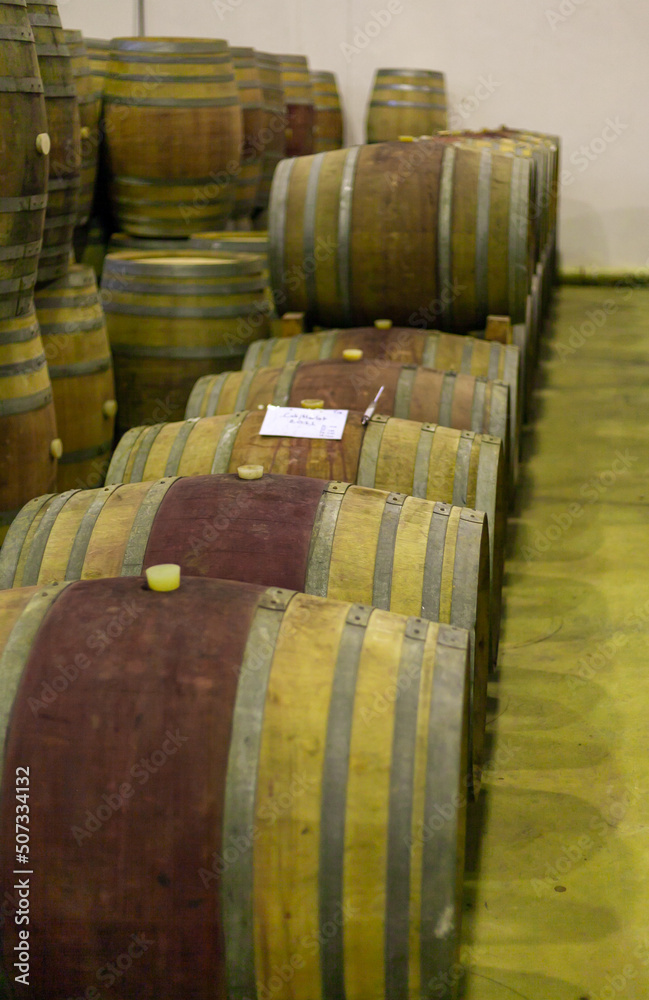 Oak barrels in a winery in the South African city of Stellenbosch