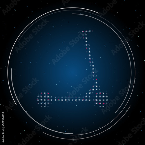 The kick scooter symbol filled with white dots. Pointillism style. Some dots is pink. Vector illustration on blue background with stars
