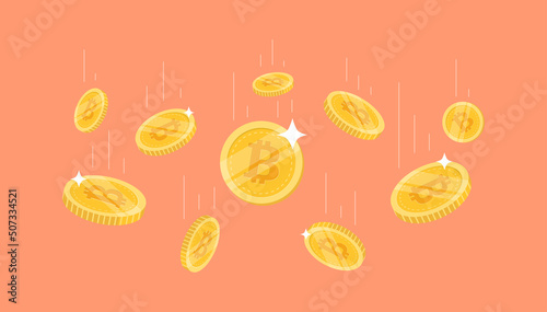 Bitcoin coins flying on orange background. bitcoin cryptocurrency concept banner.