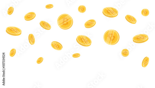 Bitcoin coins flying on a white background. Bitcoin cryptocurrency concept banner.