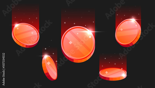 Blank red cryptocurrency coins falling on dark background.