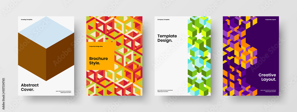 Colorful catalog cover design vector layout collection. Premium geometric hexagons company brochure template bundle.