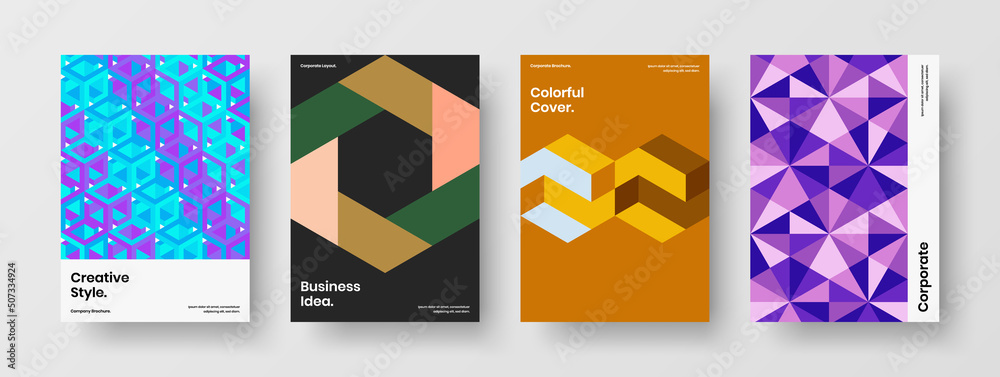 Colorful mosaic shapes magazine cover layout set. Simple postcard design vector illustration collection.