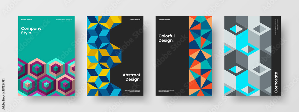 Colorful corporate cover A4 vector design template set. Vivid mosaic pattern banner layout composition.