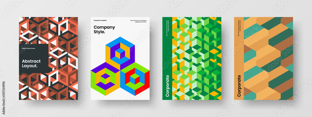 Abstract booklet design vector layout bundle. Trendy geometric tiles company cover illustration composition.