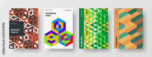 Abstract booklet design vector layout bundle. Trendy geometric tiles company cover illustration composition.