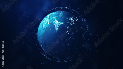 concept of global internet network connection technology. The world stands out in the middle and the polygon with a dark blue background.