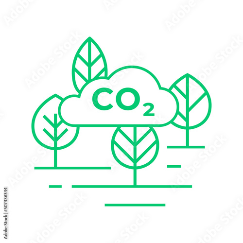 CO2 gas reduction line icon. Carbon Dioxide clouds and trees.