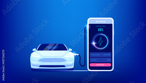 Electric Vehicle Smart app. EV charger station application on mobile phone.