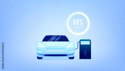 EV Car or Electric charging at the charger station with the power cable supply plugged in on blue background.