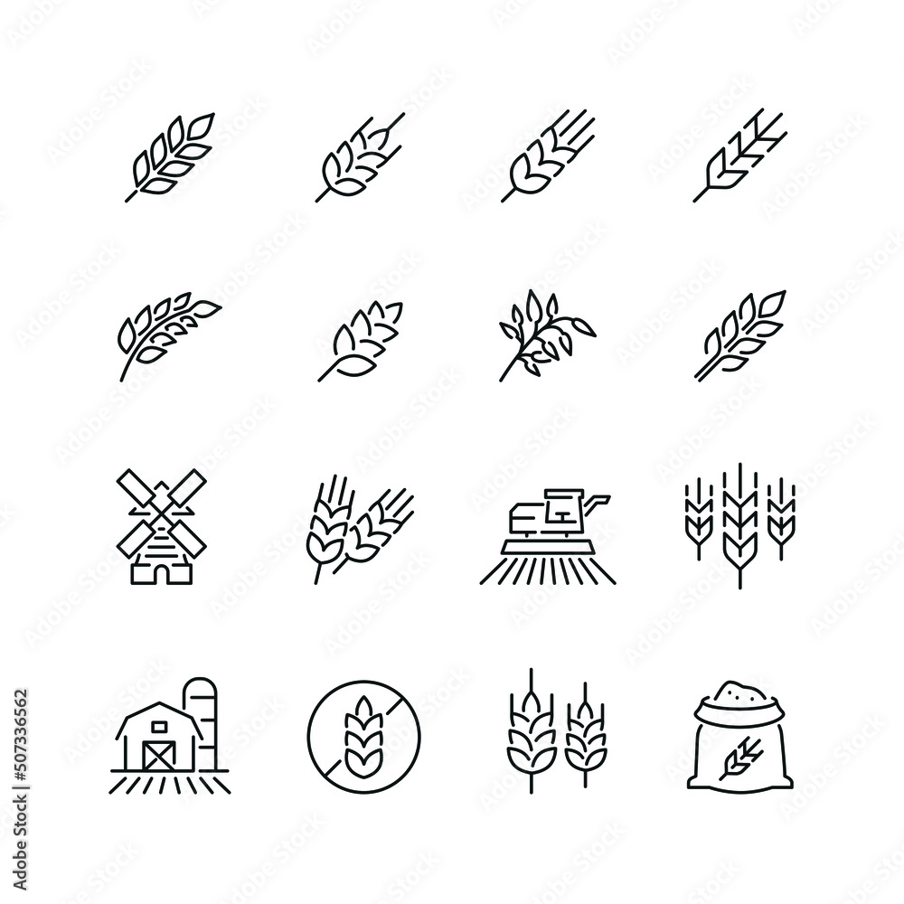 Cereal grain related icons: thin vector icon set, black and white kit - obrazy, fototapety, plakaty 