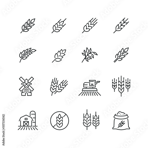 Fototapete Cereal grain related icons: thin vector icon set, black and white kit
