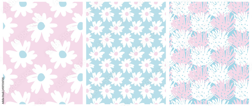 Simple Hand Drawn Irregular Floral Seamless Vector Patterns. White Flowers on a Pastel Pink and Light Blue Background. Infantile Style Abstract Garden Vector Print Ideal for Fabric. Cool Pattern.