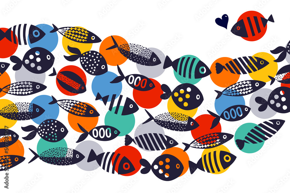 Cute wave fish and polka dots. Vector sea poster. Cute wave fish and polka dots. Vector sea poster.