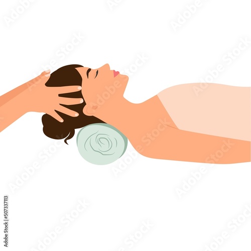 Head massage to a woman in a spa salon. The masseur massages the head, hair, scalp, face.  Lady enjoy   relaxing treatment, aromatherapy. Vector illustration