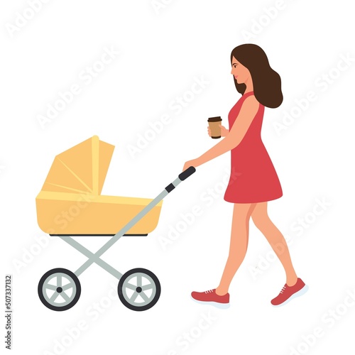 Mom wheeling stroller. Woman walking with baby carriage.Outdoor activity. Coffee in the hand.Vector illustration.Vector flat illustration, isolated
